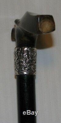 1901 Carved Horn Handle Sterling Repousse Hallmark Collar Cane Walking Stick