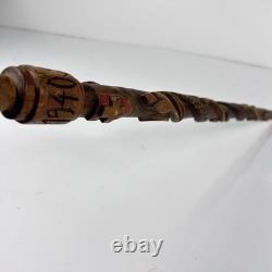 1940 ww2 Officer hiking walking stick carved flower & snake cane trench art 88cm