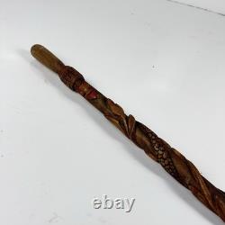 1940 ww2 Officer hiking walking stick carved flower & snake cane trench art 88cm