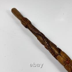 1940 ww2 Officer hiking walking stick carved flower & snake cane trench art 88cm