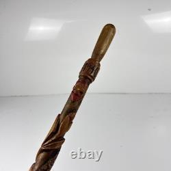 1940 ww2 Officer hiking walking stick carved flower & snake cane trench art 88cm