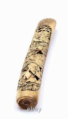 19C Japanese Stag Antler Horn Carved Carving Cane Walking Stick Parasol Handle