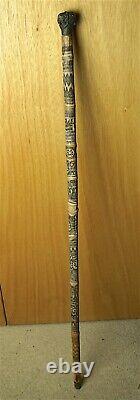 19th/ 20th C WALKING CANE, AFRICAN SCRATCH CARVED BAMBOO WITH 3 HEADED KNOB