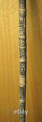 19th/ 20th C WALKING CANE, AFRICAN SCRATCH CARVED BAMBOO WITH 3 HEADED KNOB