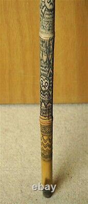 19th/ 20th C WALKING CANE, AFRICAN SCRATCH CARVED BAMBOO WITH 3 HEADED KNOB