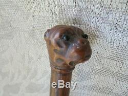 19th C Antique Carved Wooden Walking Stick Cane w Figural Bulldog Glass Eyes Dog