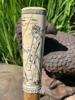 19th C beautiful antique Asian Scrimshaw Hand Carved Walking stick Cane