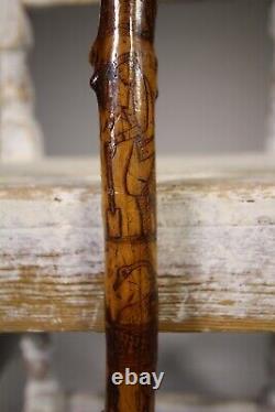 19th Century Antique Holly Wood Scratch Carved Walking Stick