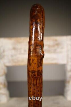 19th Century Antique Holly Wood Scratch Carved Walking Stick
