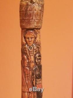 19th Century Carved Walking Stick Cane Folk Art Signed Antique 1881