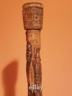 19th Century Carved Walking Stick Cane Folk Art Signed Antique 1881