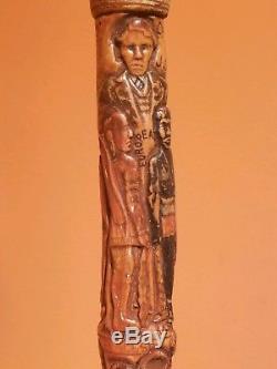 19th Century Carved Walking Stick Cane Folk Art Signed Antique 1881