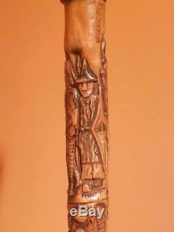 19th Century Carved Walking Stick Cane Folk Art Signed Antique 1881