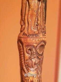 19th Century Carved Walking Stick Cane Folk Art Signed Antique 1881