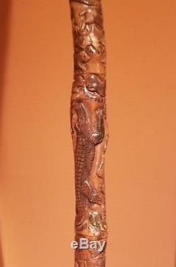 19th Century Carved Walking Stick Cane Folk Art Signed Antique 1881