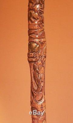 19th Century Carved Walking Stick Cane Folk Art Signed Antique 1881