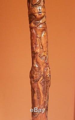 19th Century Carved Walking Stick Cane Folk Art Signed Antique 1881