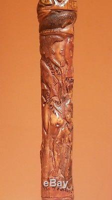 19th Century Carved Walking Stick Cane Folk Art Signed Antique 1881