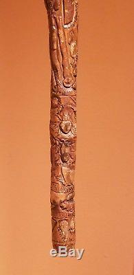 19th Century Carved Walking Stick Cane Folk Art Signed Antique 1881