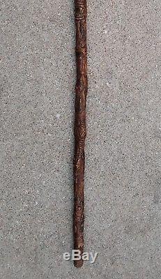 19th Century Carved Walking Stick Cane Folk Art Signed Antique 1881