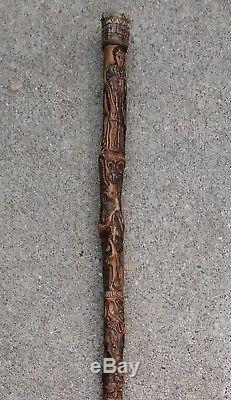 19th Century Carved Walking Stick Cane Folk Art Signed Antique 1881