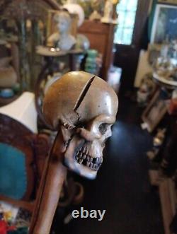 19th Century Carved Wood Skull Walking Stick Cane