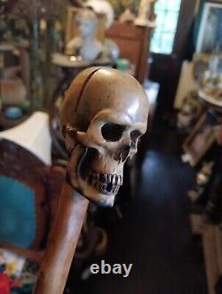 19th Century Carved Wood Skull Walking Stick Cane