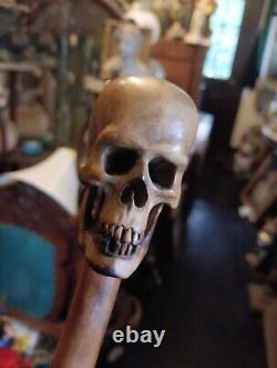 19th Century Carved Wood Skull Walking Stick Cane