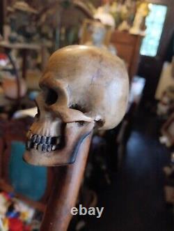 19th Century Carved Wood Skull Walking Stick Cane