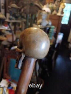 19th Century Carved Wood Skull Walking Stick Cane