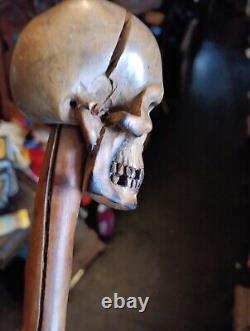 19th Century Carved Wood Skull Walking Stick Cane