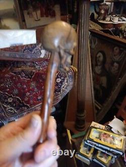 19th Century Carved Wood Skull Walking Stick Cane