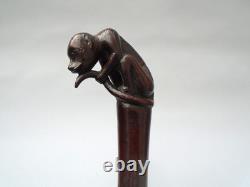 19th century rosewood walking cane the grip carved in the form of a monkey