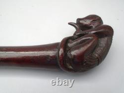 19th century rosewood walking cane the grip carved in the form of a monkey