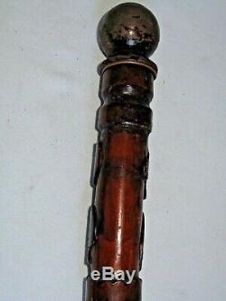 19thc. Antique Folk Art Cane Walking Stick Carved and 37 tall