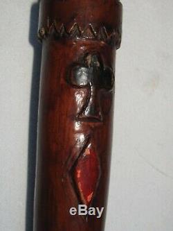 19thc. Antique Folk Art Cane Walking Stick Carved and 37 tall