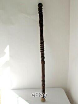 19thc. Antique Folk Art Cane Walking Stick Carved and 37 tall