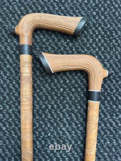 2 Antique Vintage Hand Carved Walking Stick Cane Wooden Shaft Fritz Handle 90cm