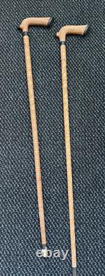 2 Antique Vintage Hand Carved Walking Stick Cane Wooden Shaft Fritz Handle 90cm