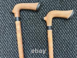 2 Antique Vintage Hand Carved Walking Stick Cane Wooden Shaft Fritz Handle 90cm