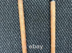 2 Antique Vintage Hand Carved Walking Stick Cane Wooden Shaft Fritz Handle 90cm