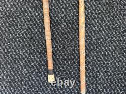 2 Antique Vintage Hand Carved Walking Stick Cane Wooden Shaft Fritz Handle 90cm