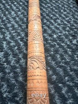 2 Antique Vintage Hand Carved Walking Stick Cane Wooden Shaft Fritz Handle 90cm