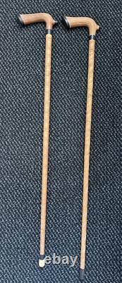 2 Antique Vintage Hand Carved Walking Stick Cane Wooden Shaft Fritz Handle 90cm