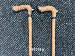 2 Antique Vintage Hand Carved Walking Stick Cane Wooden Shaft Fritz Handle 90cm