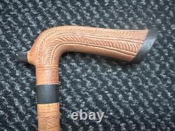 2 Antique Vintage Hand Carved Walking Stick Cane Wooden Shaft Fritz Handle 90cm