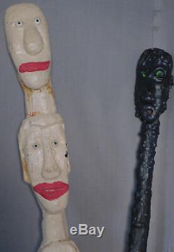 2 Vintage Kentucky Outsider Folk Art SIGNED Walking Stick Carved Wood Totem Pole