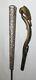 2 antique hand carved buf horn sterling silver parasol handle cane walking stick