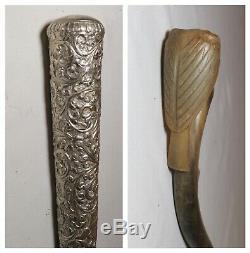 2 antique hand carved buf horn sterling silver parasol handle cane walking stick