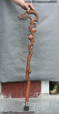 36 China Boxwood Carved Dragon Loong Crutch Walking Stick Crutches Cane Statue